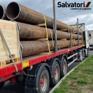 Salvatori heavy haulage trailer transporting steel pipes