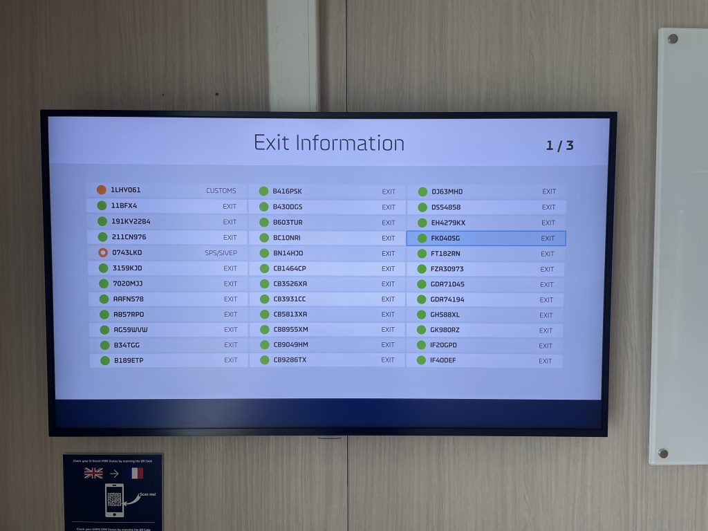 Screen showing customs status of vehicles on board of the Dover Calais ferry.